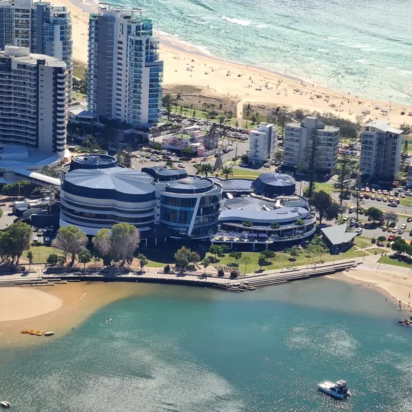 aerial photo of Twin Towns with beach and harbour