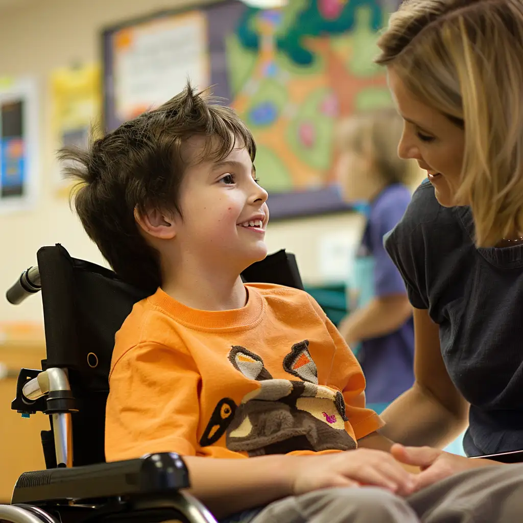 Photo of child in a wheelchair receiving assistance